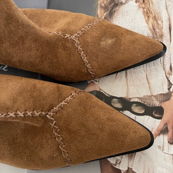 LATTELIER Brown Suede Leather Booties/Pointed Toe/Unique Heel: NWOB! Size 39 - Picture 5 of 10